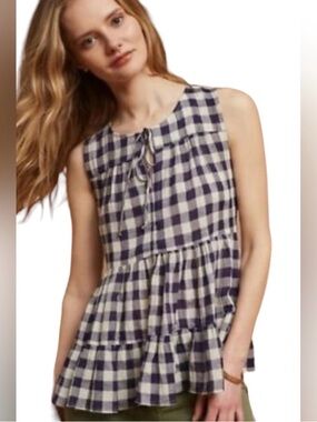 11.1 Tylho by Anthropologie Sleeveless Gingham Tiered Top Blouse